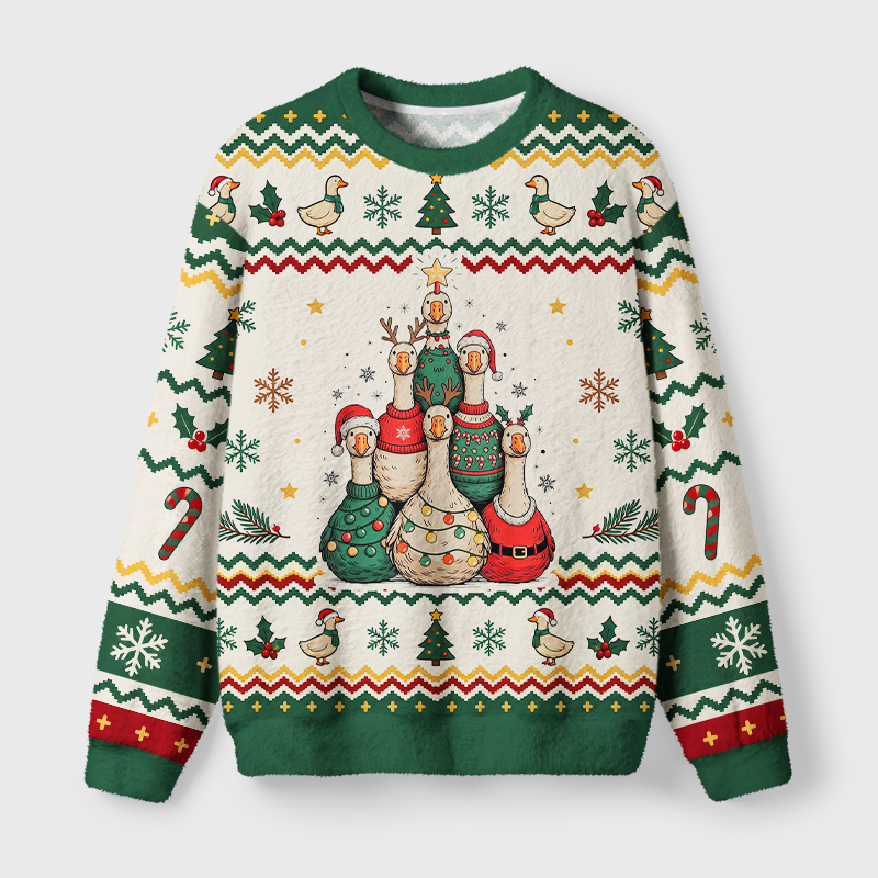 Tokyo-Tiger Christmas Geese Stack Fuzzy Christmas Ugly Sweatshirt