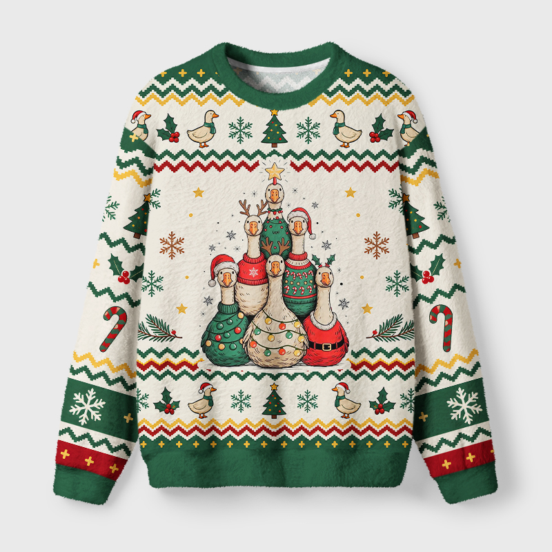 Tokyo-Tiger Christmas Geese Stack Fuzzy Christmas Ugly Sweatshirt