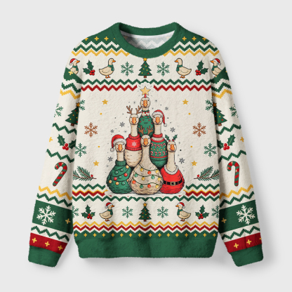 Tokyo-Tiger Christmas Geese Stack Fuzzy Christmas Ugly Sweatshirt