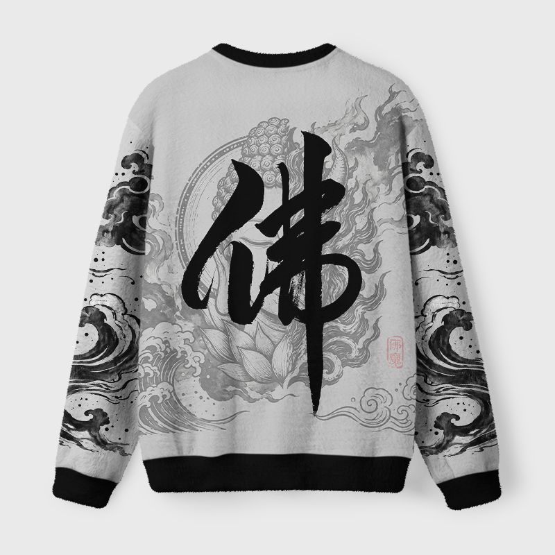 Tokyo-Tiger Buddha Demon Dual Nature Ink Art Fuzzy Christmas Ugly Sweatshirt