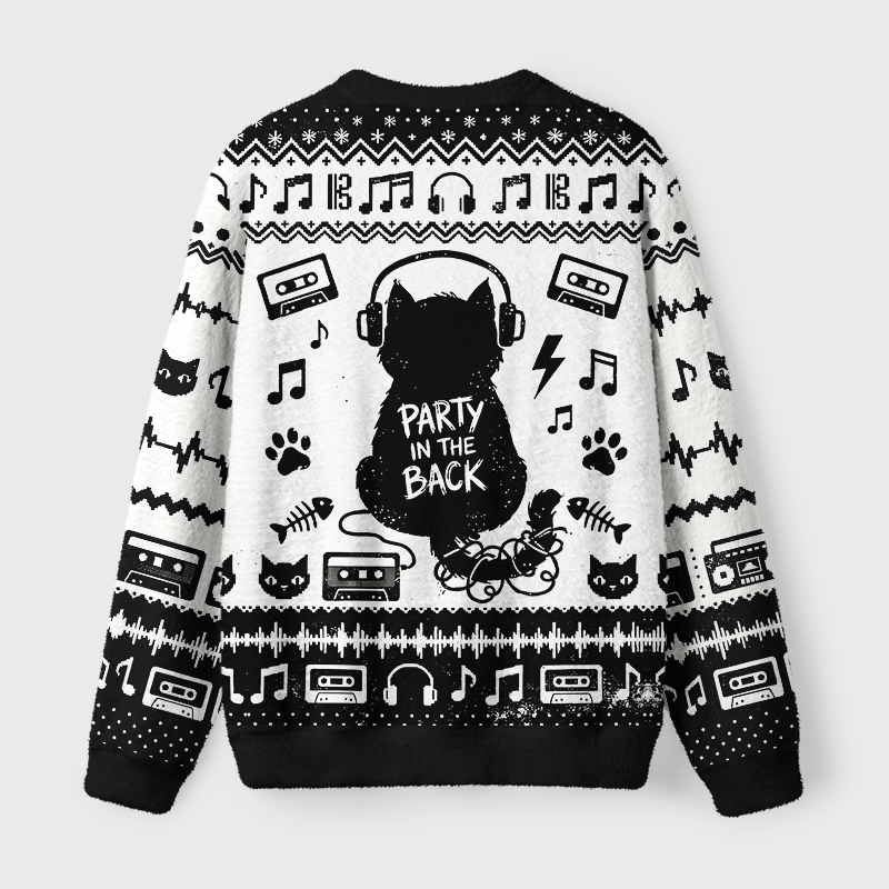 Tokyo-Tiger Retro Headphone Black Cat Fuzzy Christmas Ugly Sweatshirt
