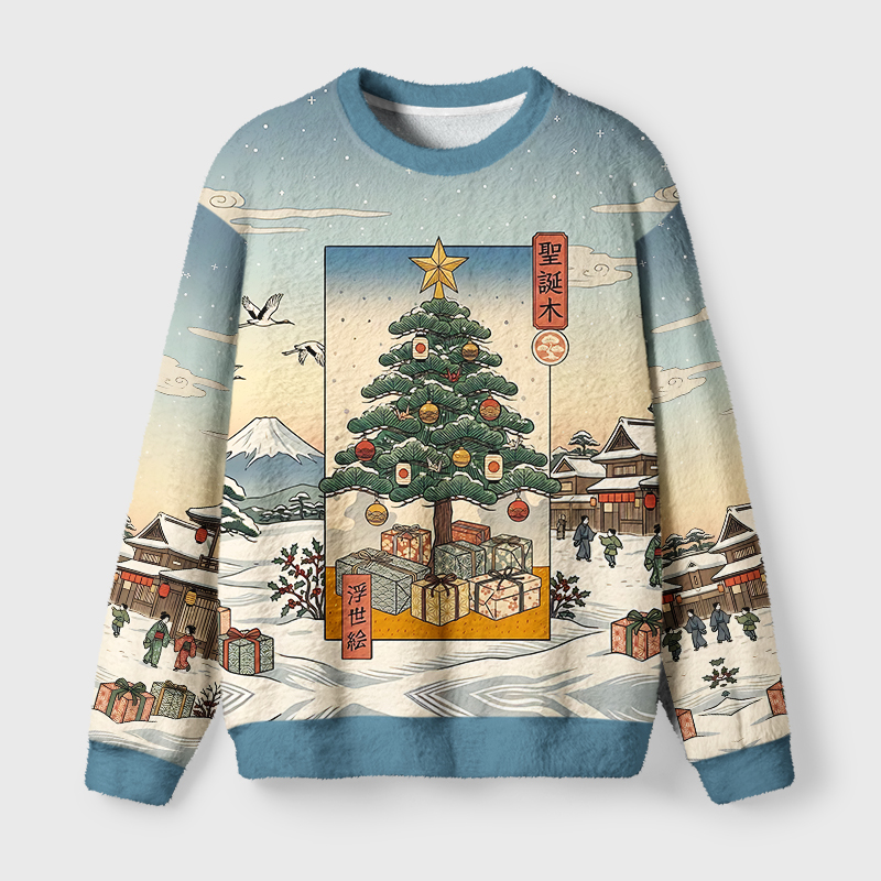 Tokyo-Tiger Ukiyo-e Japanese Christmas Tree Fuzzy Christmas Ugly Sweatshirt