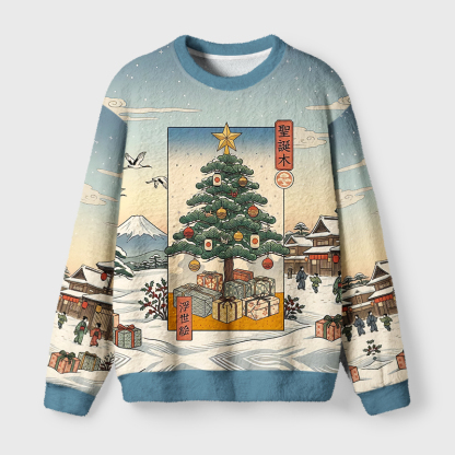 Tokyo-Tiger Ukiyo-e Japanese Christmas Tree Fuzzy Christmas Ugly Sweatshirt