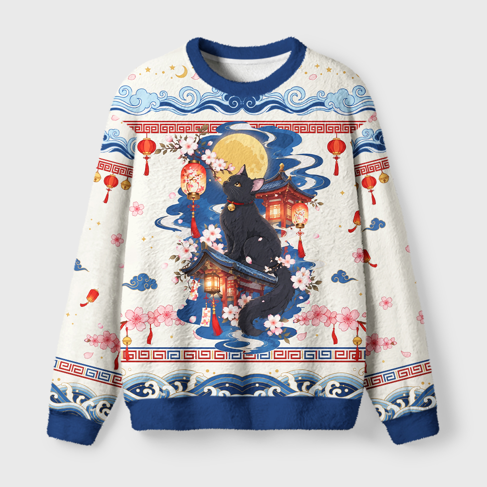 Tokyo-Tiger Japanese Moonlit Sakura Cat Fuzzy Christmas Ugly Sweatshirt