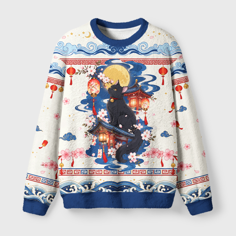 Tokyo-Tiger Japanese Moonlit Sakura Cat Fuzzy Christmas Ugly Sweatshirt