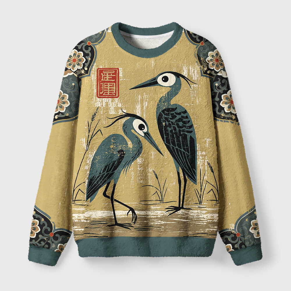 Tokyo-Tiger Vintage Heron Birds Fuzzy Christmas Ugly Sweatshirt