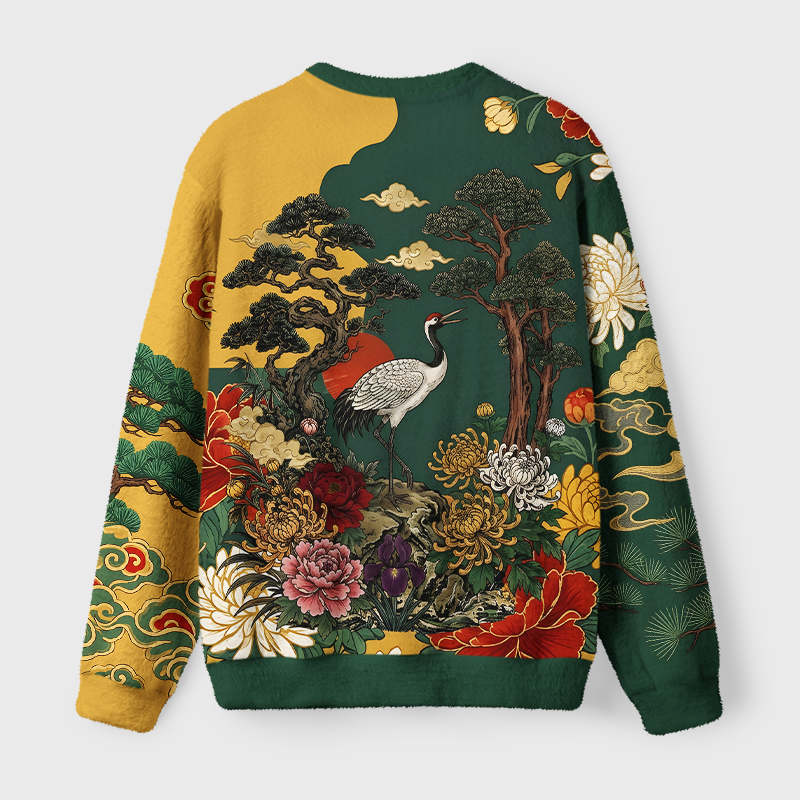 Tokyo-Tiger Japanese Red Crane Floral Art Fuzzy Christmas Ugly Sweatshirt