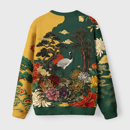 Tokyo-Tiger Japanese Red Crane Floral Art Fuzzy Christmas Ugly Sweatshirt