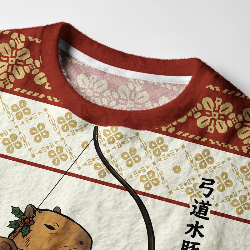 Tokyo-Tiger Kyudo Capybara Fuzzy Christmas Ugly Sweatshirt