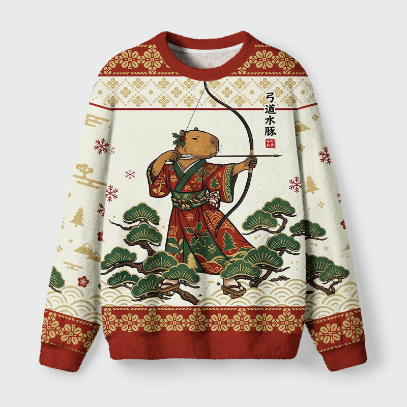 Tokyo-Tiger Kyudo Capybara Fuzzy Christmas Ugly Sweatshirt
