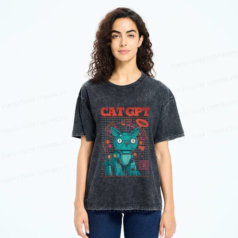 Tokyo-Tiger Machine Cat Retro Washed T-Shirt