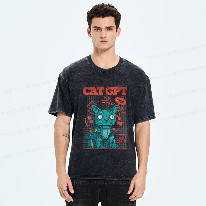 Tokyo-Tiger Machine Cat Retro Washed T-Shirt