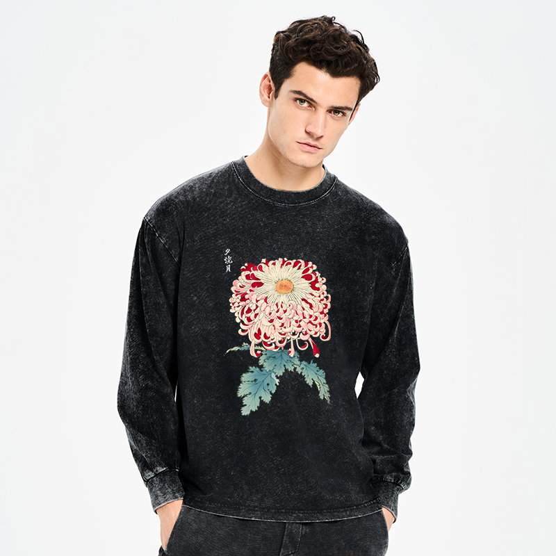 Tokyo-Tiger Vintage Chrysanthemum Art Washed Long Sleeve T-Shirt