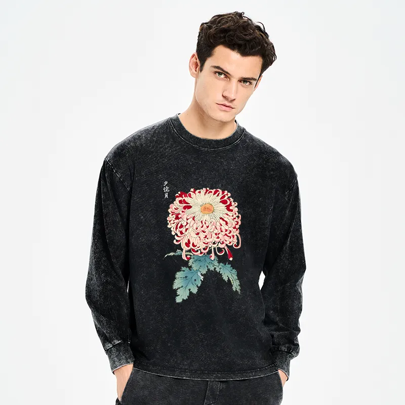 Tokyo-Tiger Vintage Chrysanthemum Art Washed Long Sleeve T-Shirt