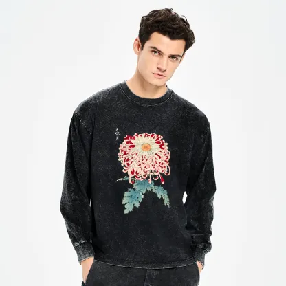 Tokyo-Tiger Vintage Chrysanthemum Art Washed Long Sleeve T-Shirt
