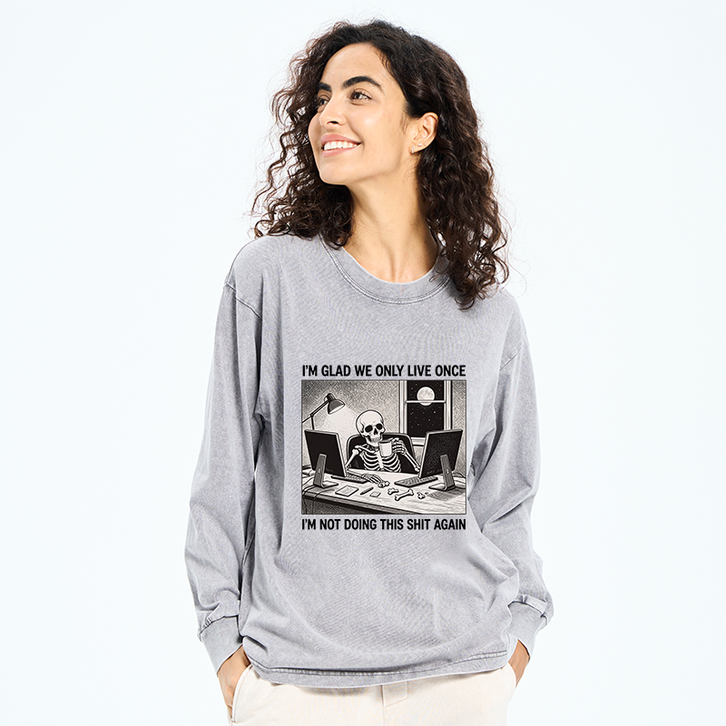 Tokyo-Tiger Funny Skeleton Coffee Break Meme Washed Long Sleeve T-Shirt