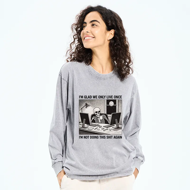 Tokyo-Tiger Funny Skeleton Coffee Break Meme Washed Long Sleeve T-Shirt