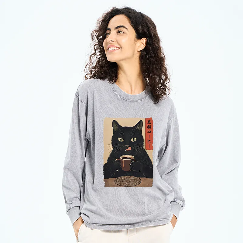 Tokyo-Tiger Vintage Black Cat Coffee Art Washed Long Sleeve T-Shirt