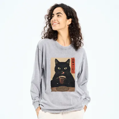 Tokyo-Tiger Vintage Black Cat Coffee Art Washed Long Sleeve T-Shirt