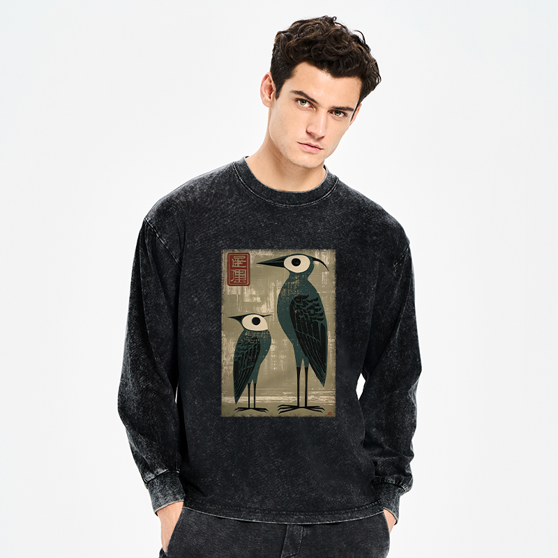 Tokyo-Tiger Retro Two Birds Art Washed Long Sleeve T-Shirt