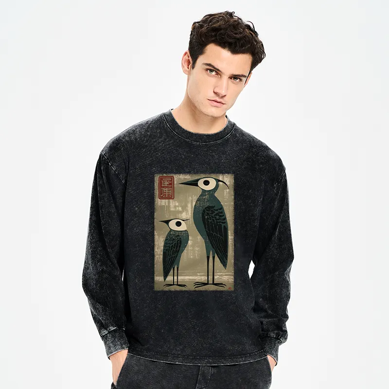 Tokyo-Tiger Retro Two Birds Art Washed Long Sleeve T-Shirt