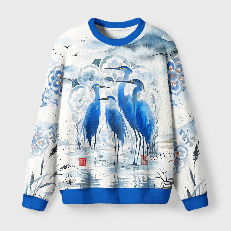 Tokyo-Tiger Four Blue Herons in the Mist Fuzzy Christmas Ugly Sweatshirt
