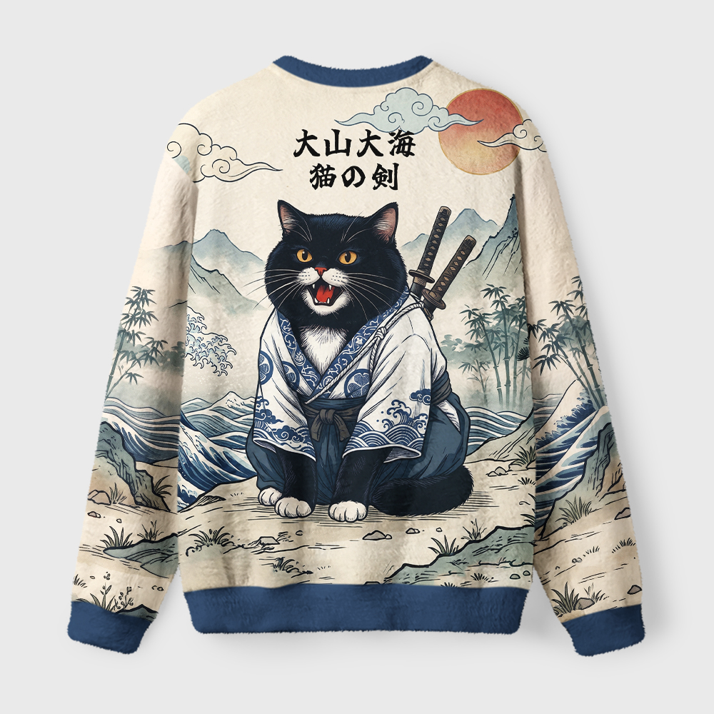 Tokyo-Tiger Kimono Samurai Cat Fuzzy Christmas Ugly Sweatshirt