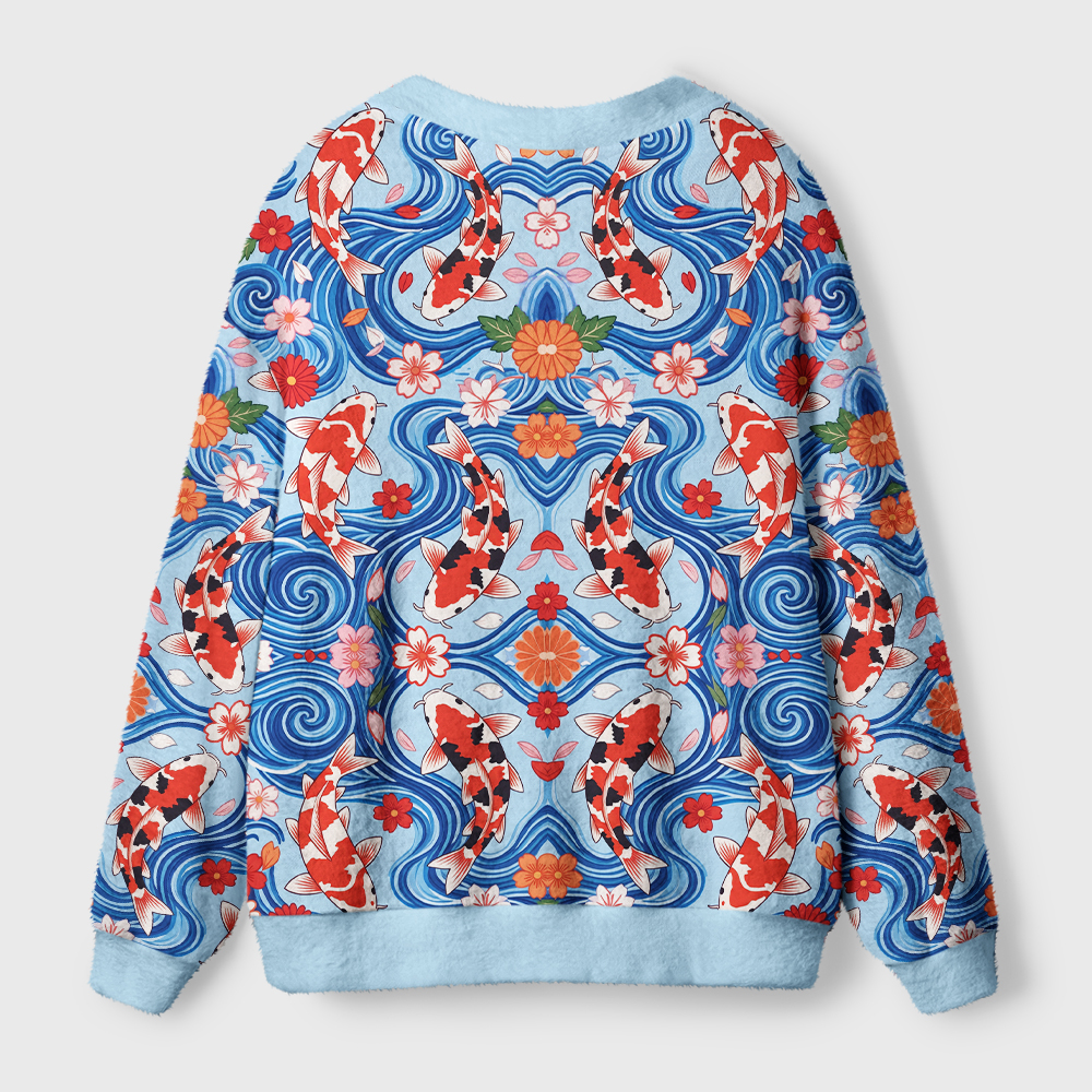 Tokyo-Tiger Dancing Koi In Blue Waves Ugly Cardigan Sweater