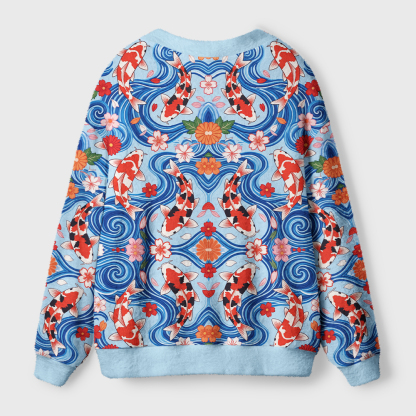 Tokyo-Tiger Dancing Koi In Blue Waves Ugly Cardigan Sweater