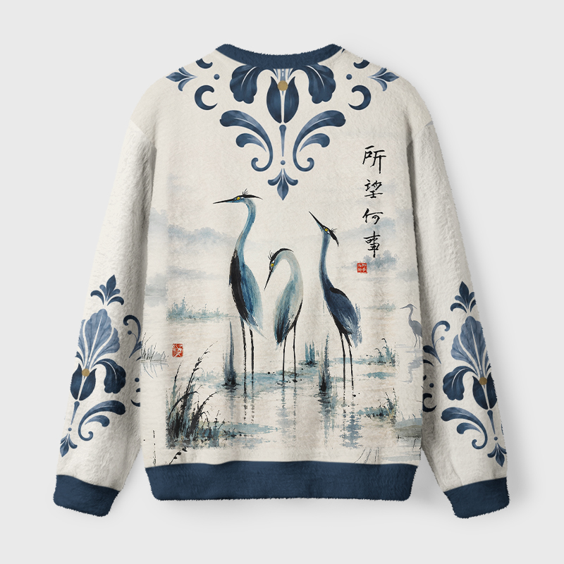 Tokyo-Tiger Ink Oriental Egret Landscape Art Fuzzy Christmas Ugly Sweatshirt