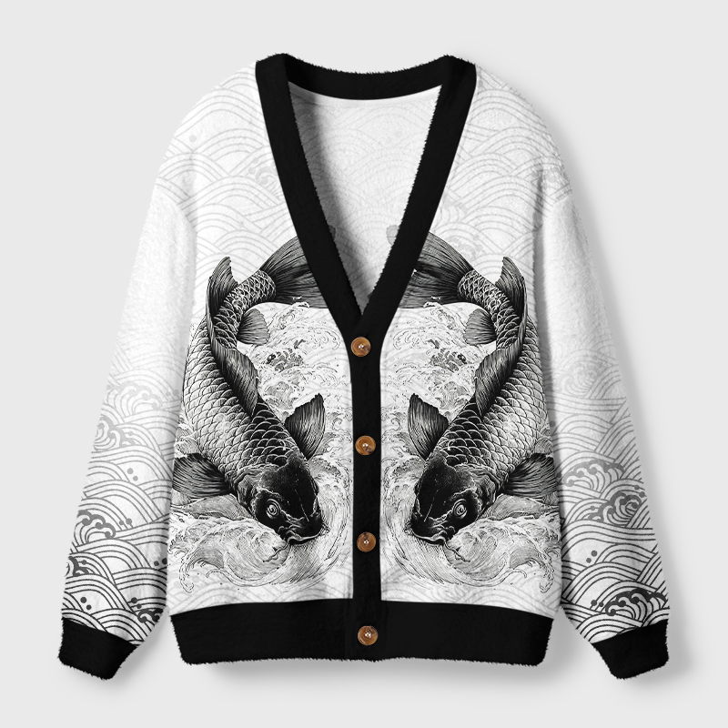 Tokyo-Tiger Koi Fish Wave Ugly Cardigan Sweater