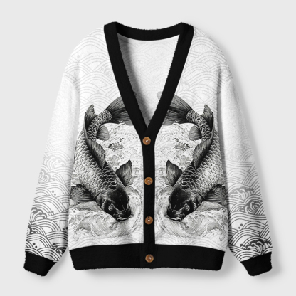 Tokyo-Tiger Koi Fish Wave Ugly Cardigan Sweater