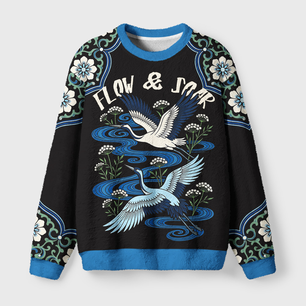 Tokyo-Tiger Twin Cranes Blue Stream Fuzzy Christmas Ugly Sweatshirt