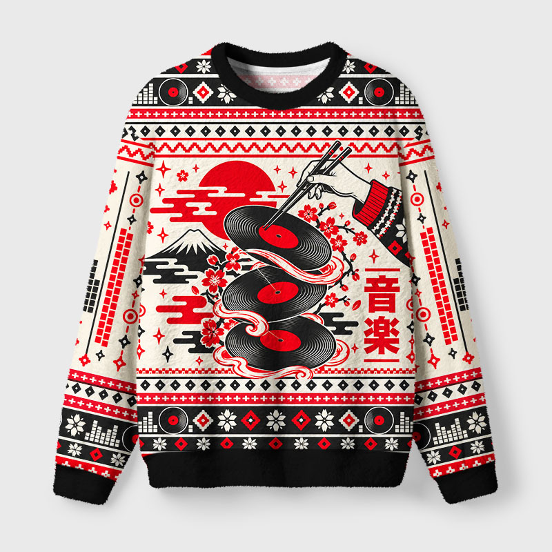 Tokyo-Tiger Traditional Japanese Records Fuzzy Christmas Ugly Sweatshirt Sale