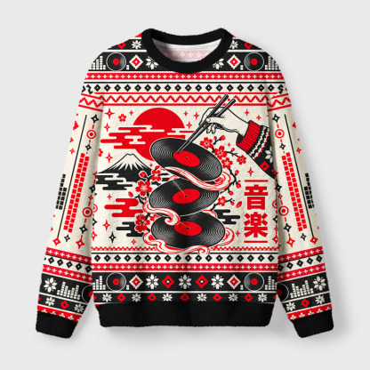 Tokyo-Tiger Traditional Japanese Records Fuzzy Christmas Ugly Sweatshirt
