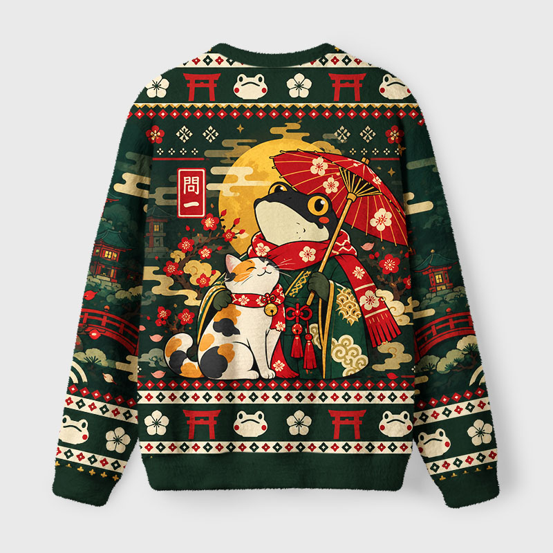 Tokyo-Tiger Frog And Cat Funny Fuzzy Christmas Ugly Sweatshirt