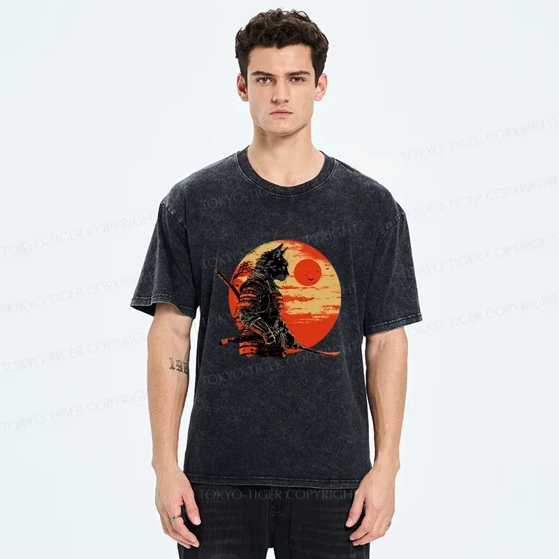 Tokyo-Tiger Cat Samurai And Sunset Washed T-Shirt