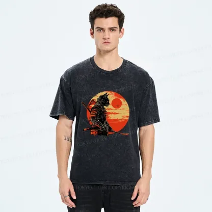 Tokyo-Tiger Cat Samurai And Sunset Washed T-Shirt