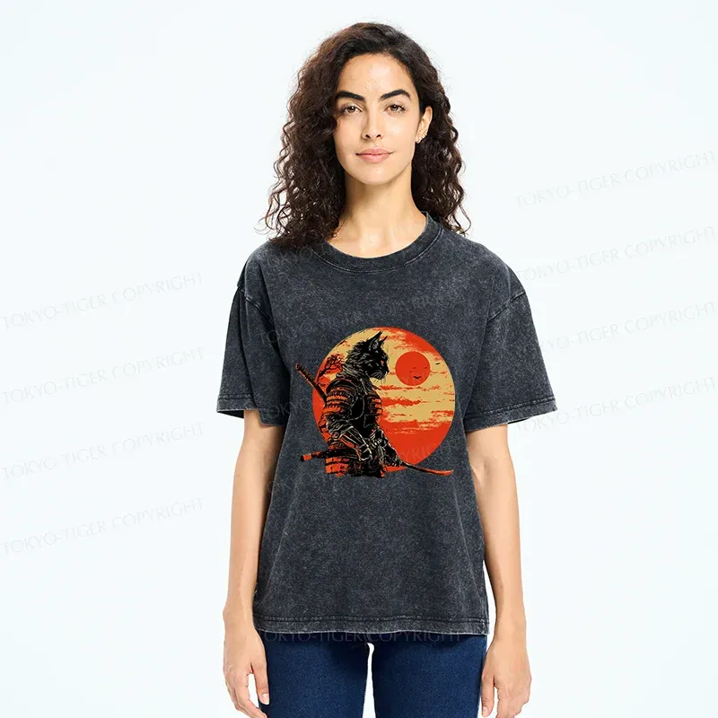 Tokyo-Tiger Cat Samurai And Sunset Washed T-Shirt
