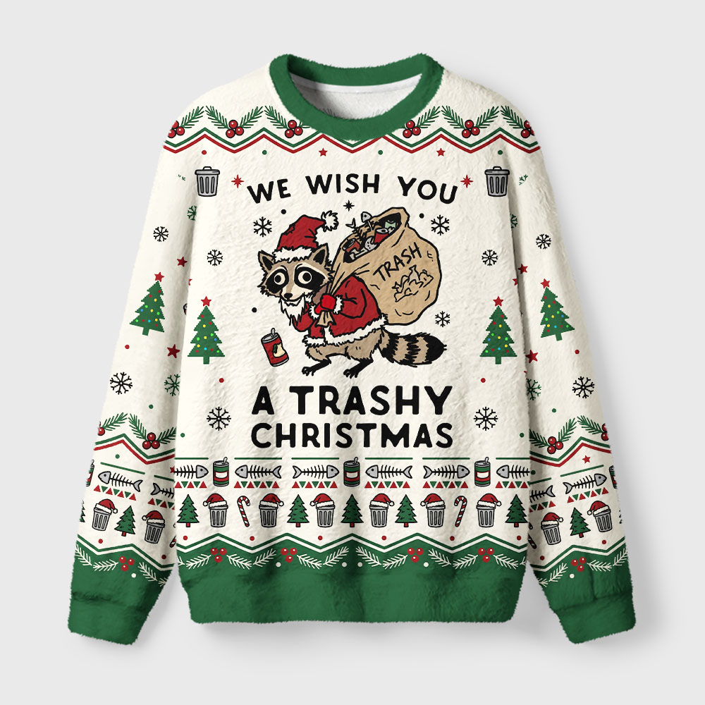 Tokyo-Tiger Funny Raccoon Santa With Trash Bag Fuzzy Christmas Ugly Sweatshirt