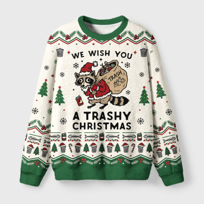 Tokyo-Tiger Funny Raccoon Santa With Trash Bag Fuzzy Christmas Ugly Sweatshirt