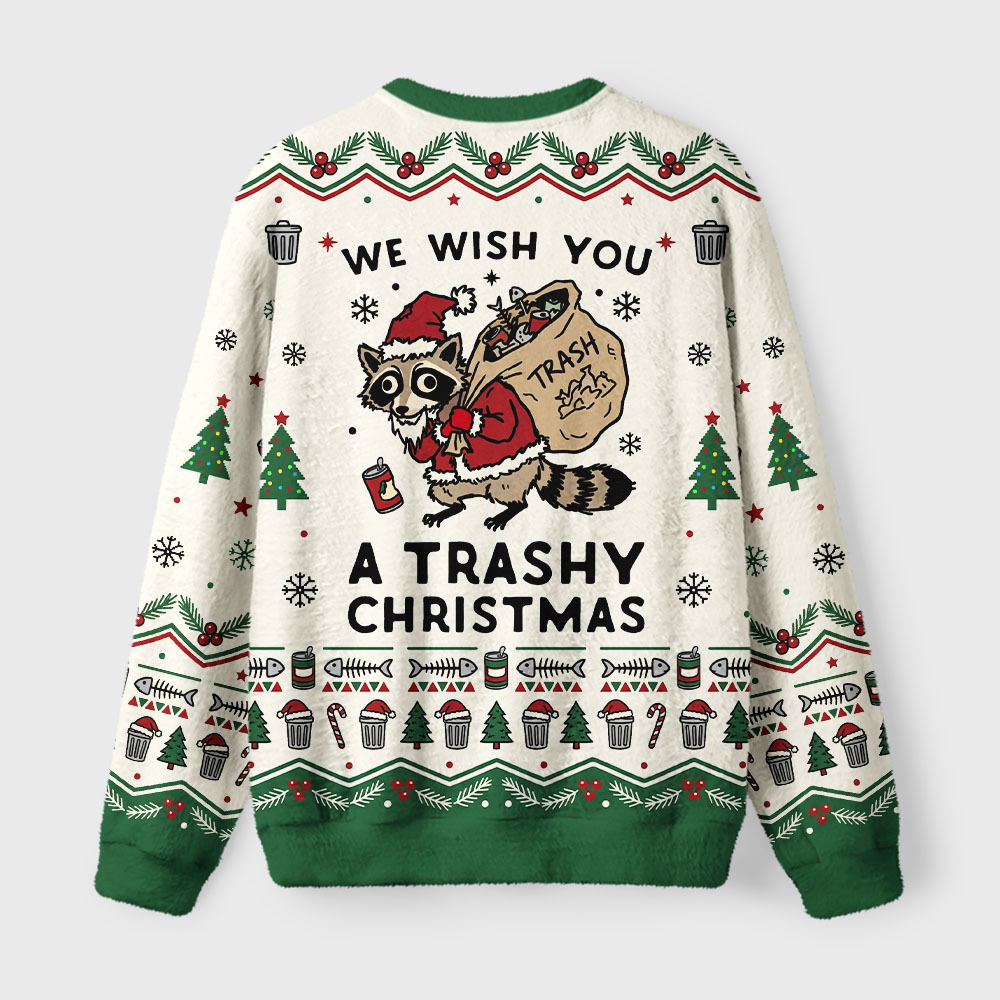 Tokyo-Tiger Funny Raccoon Santa With Trash Bag Fuzzy Christmas Ugly Sweatshirt