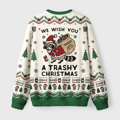 Tokyo-Tiger Funny Raccoon Santa With Trash Bag Fuzzy Christmas Ugly Sweatshirt