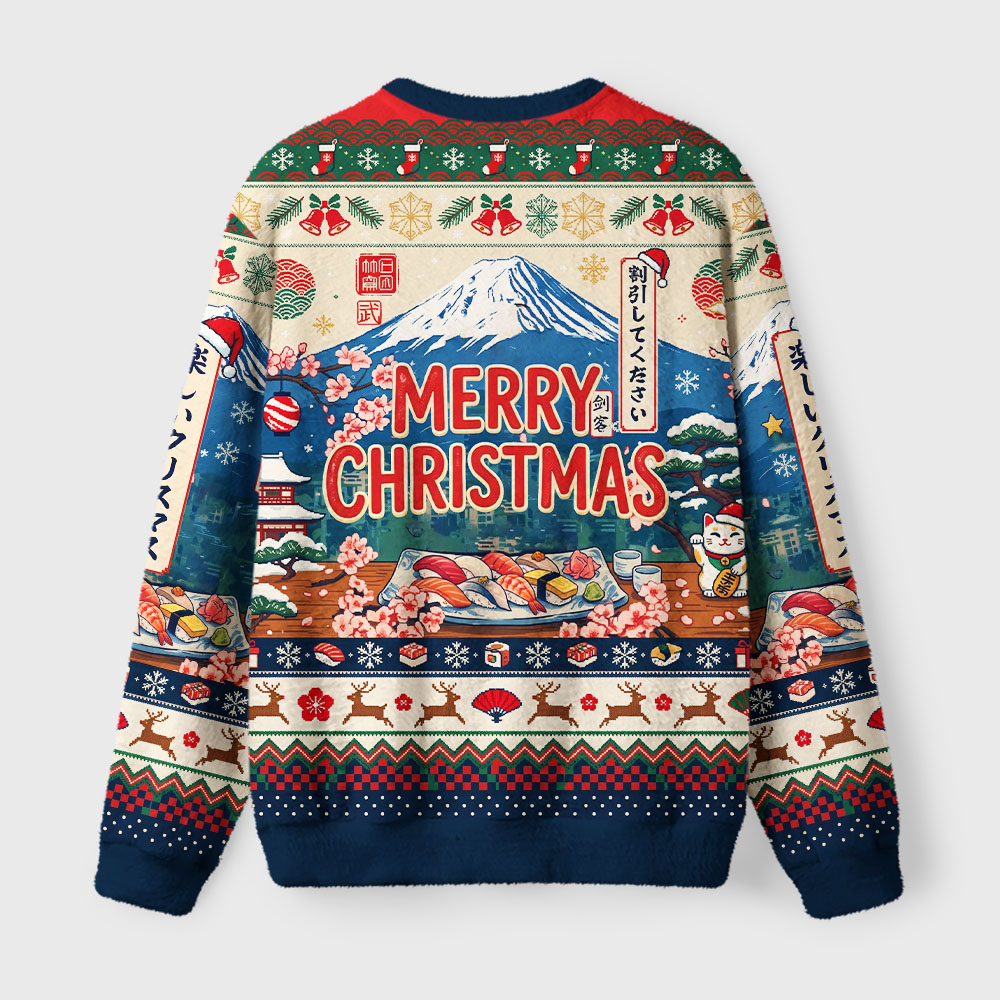 Tokyo-Tiger Cute Black Cat Enjoying Sushi Fuzzy Christmas Ugly Sweatshirt