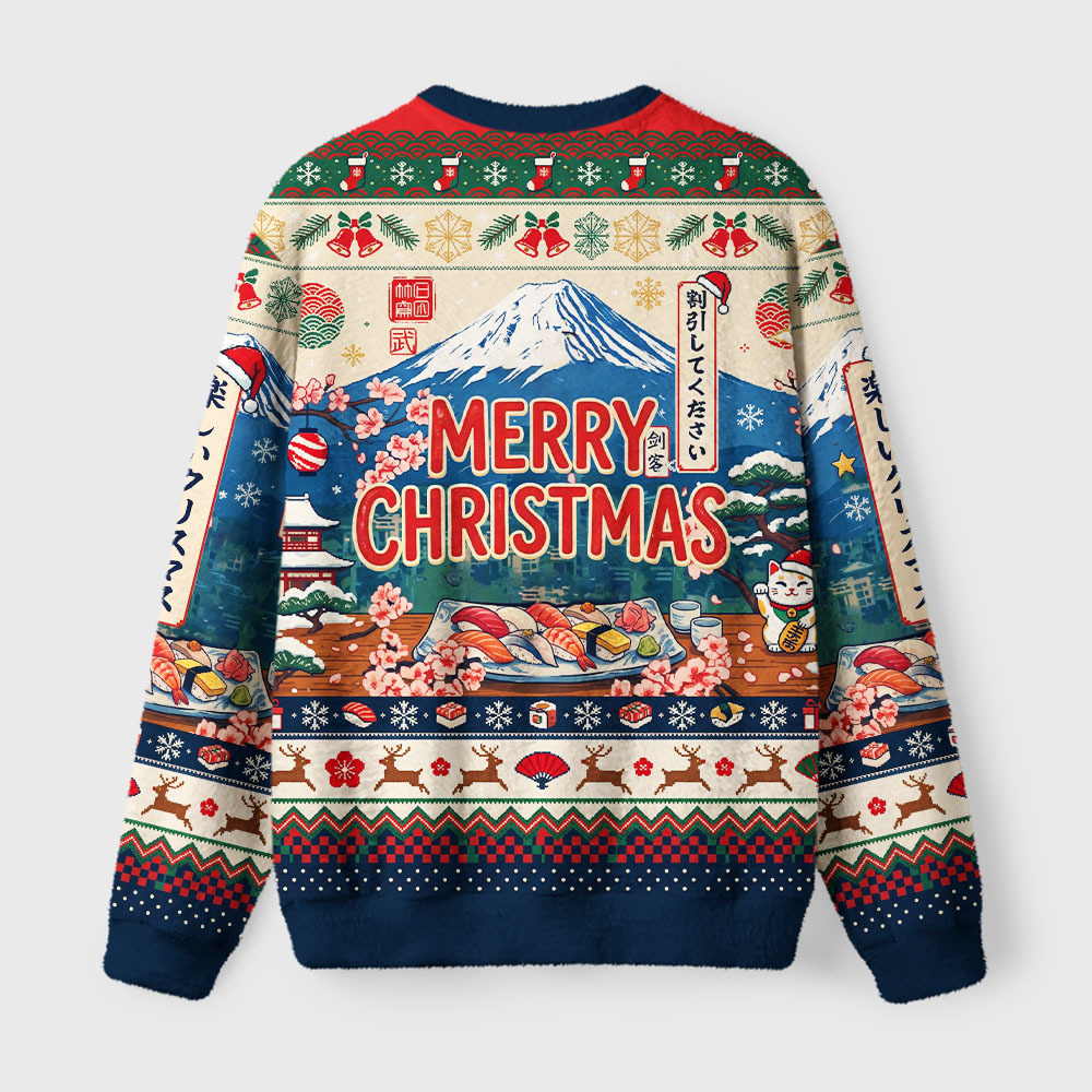 Tokyo-Tiger Cute Black Cat Enjoying Sushi Fuzzy Christmas Ugly Sweatshirt