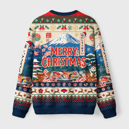 Tokyo-Tiger Cute Black Cat Enjoying Sushi Fuzzy Christmas Ugly Sweatshirt