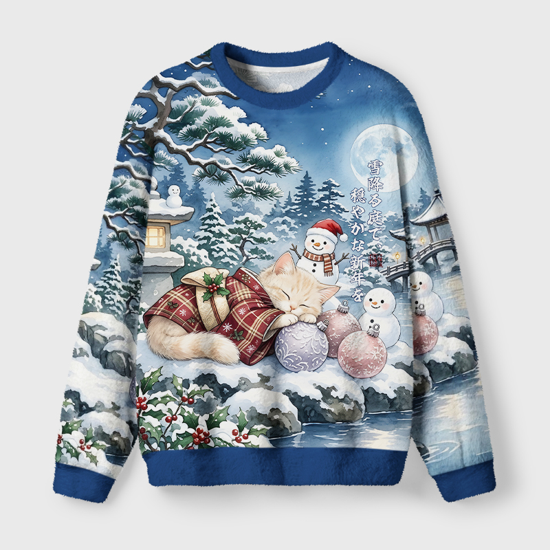 Tokyo-Tiger Peaceful New Year in Snowy Garden Cat Fuzzy Christmas Ugly Sweatshirt