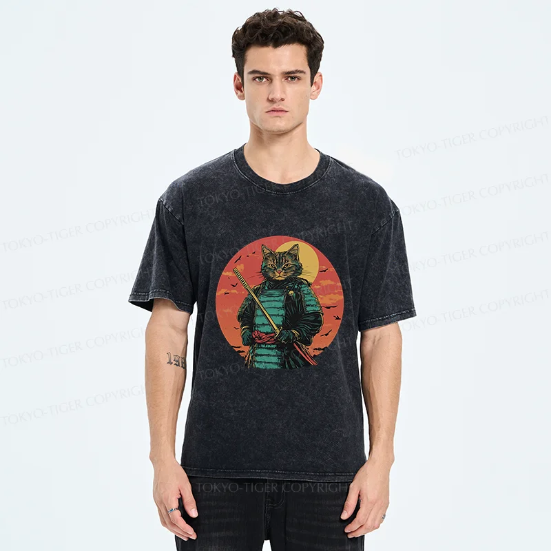Tokyo-Tiger Handsome Cat Samurai Washed T-Shirt