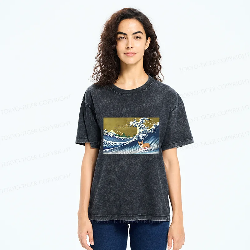 Tokyo-Tiger Corgi Surfing Washed T-Shirt