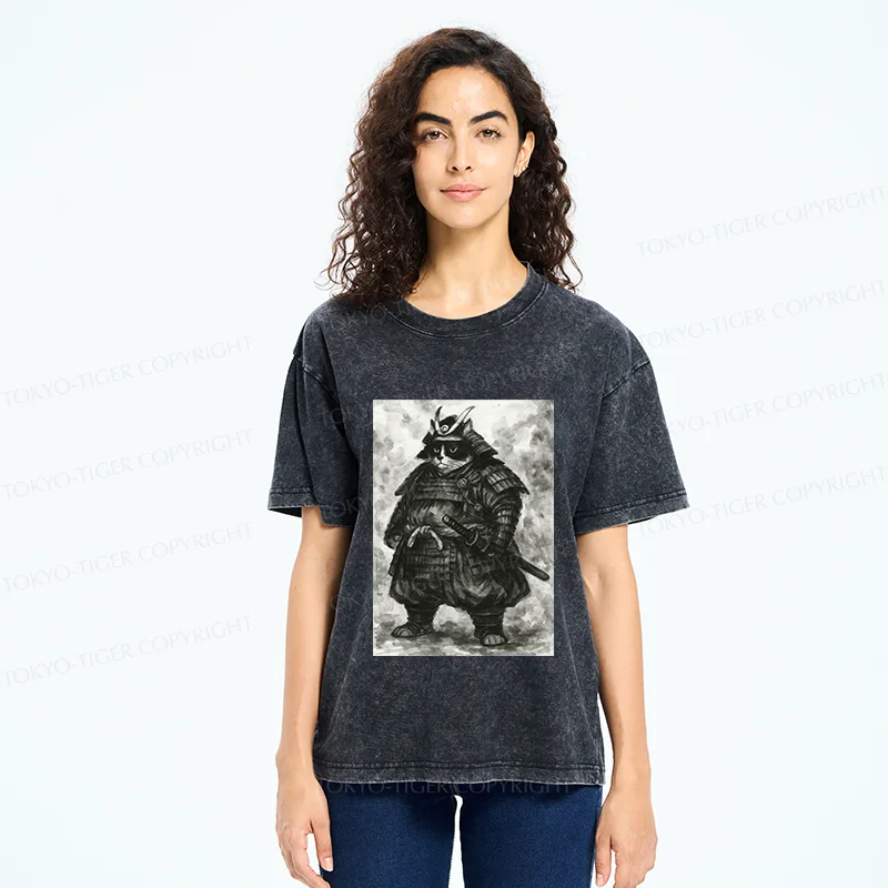 Tokyo-Tiger Strong Cat Samurai Washed T-Shirt